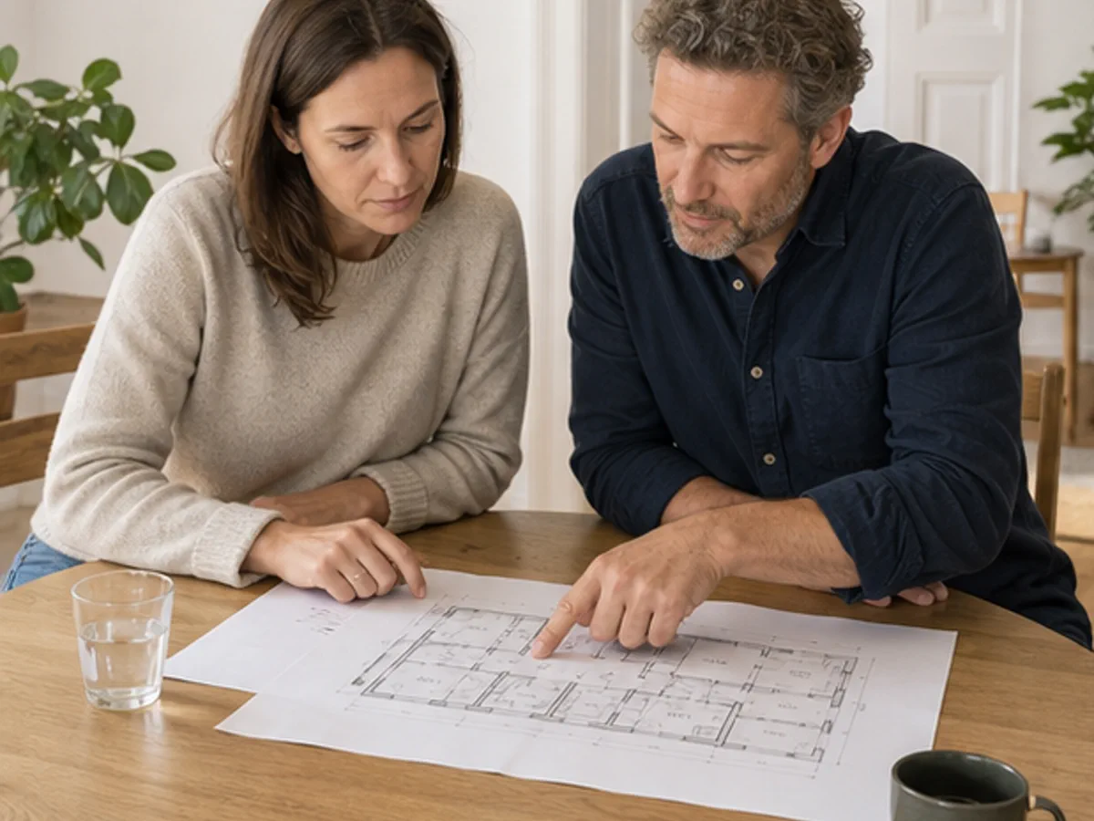 Angehörige betrachten den Plan einer Wiener Wohnung